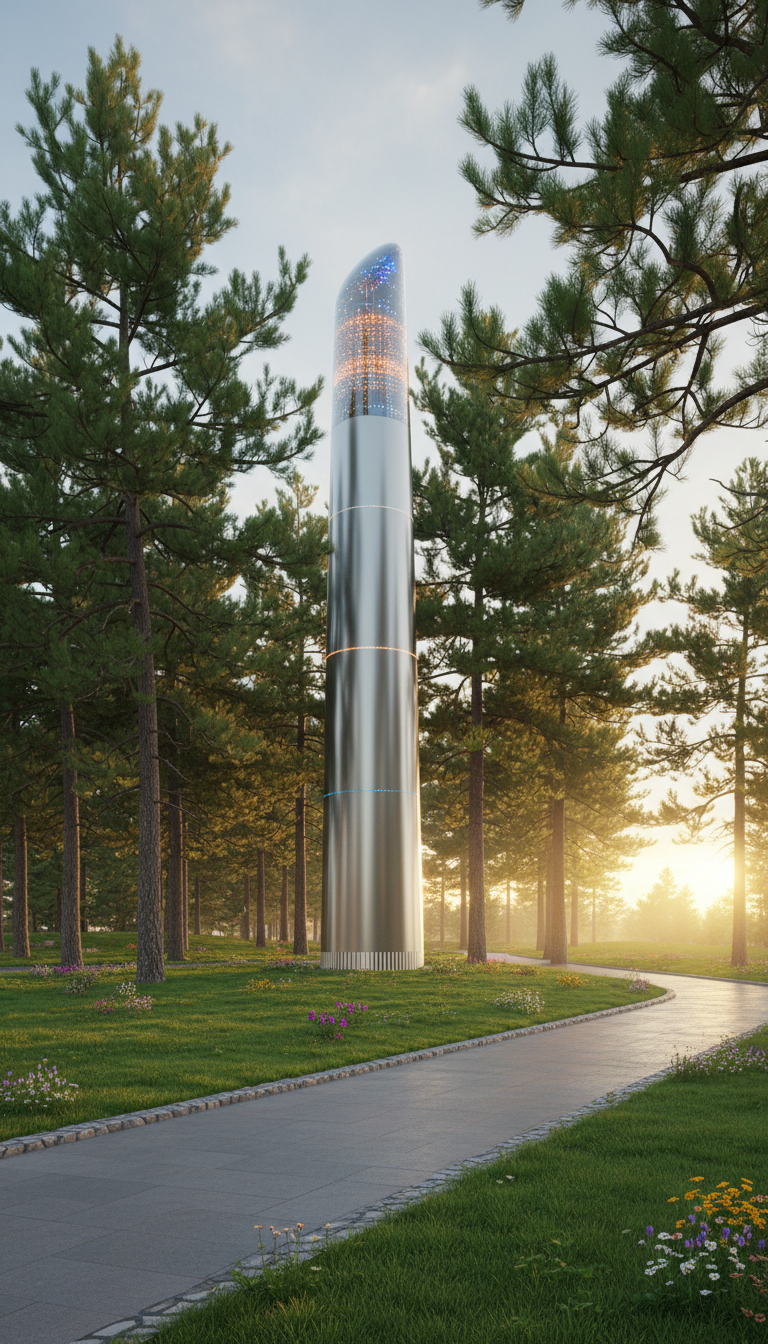A sleek wireless internet tower discreetly camouflaged among tall green pines, with its small indicator lights softly glowing. Surrounding the tower is a well-kempt lawn dotted with wildflowers and the gentle arc of a paved path entering the distance. Early evening light creates a soft, golden ambiance, with subtle highlights on the tower’s smooth surfaces. The atmosphere is quiet, reassuring, and technologically advanced but blends seamlessly into the natural surroundings. Shot from a slightly upturned angle to emphasize both the technology and the setting, with balanced composition and real-to-life visual style reflecting premium internet access in a peaceful environment.