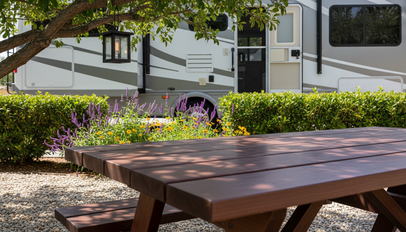A polished, dark wood picnic table set on a gravel pad next to a parked high-gloss RV, surrounded by manicured hedges and clusters of blooming purple and yellow perennials. A small decorative solar lantern hangs from a branch overhead. Dappled light filters through overhanging tree branches, casting intricate patterned shadows on the table and ground. The setting feels peaceful, perfect for family gatherings or relaxing. Captured from a low, close-up angle focusing on texture and detail, the composition blends foreground interest with a softly blurred background. The image is rendered in a clean, contemporary yet inviting style tailored for a modern family-friendly RV park.