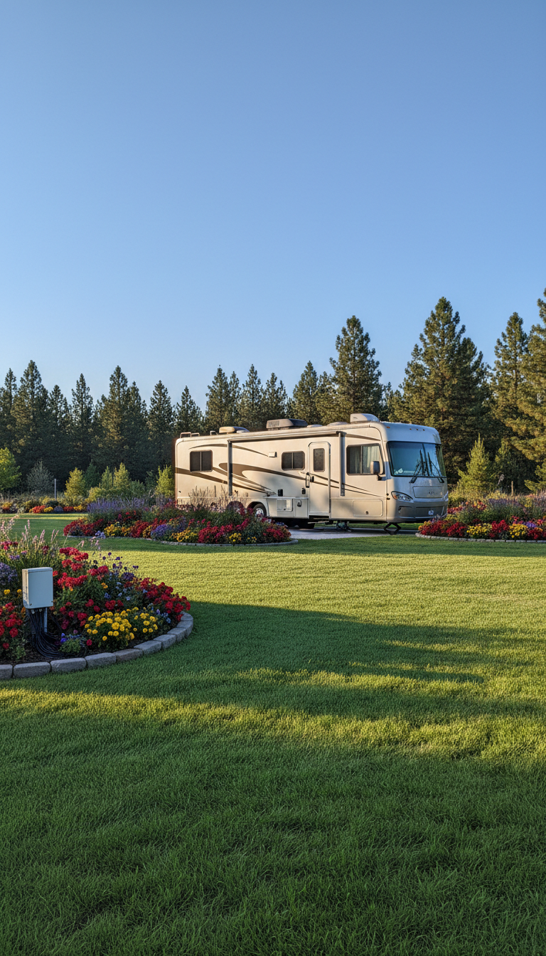 A gleaming silver RV with smooth curves and modern detailing, parked on a spacious, lush green plot surrounded by well-tended grass, vibrant flower beds, and tall pine trees in the distance. The RV sits beneath clear blue skies in a tranquil area of the park far from roads, with a fiber optic internet station subtly visible. Soft, warm afternoon sunlight streams across the scene, casting gentle shadows and highlighting the metallic finish of the RV. The atmosphere feels inviting and serene. Captured from a slightly elevated angle, the composition uses the rule of thirds for balance, with sharp focus throughout. The visual style is clean, modern, and realistic—emphasizing the park's peaceful, family-oriented setting and reliable amenities.