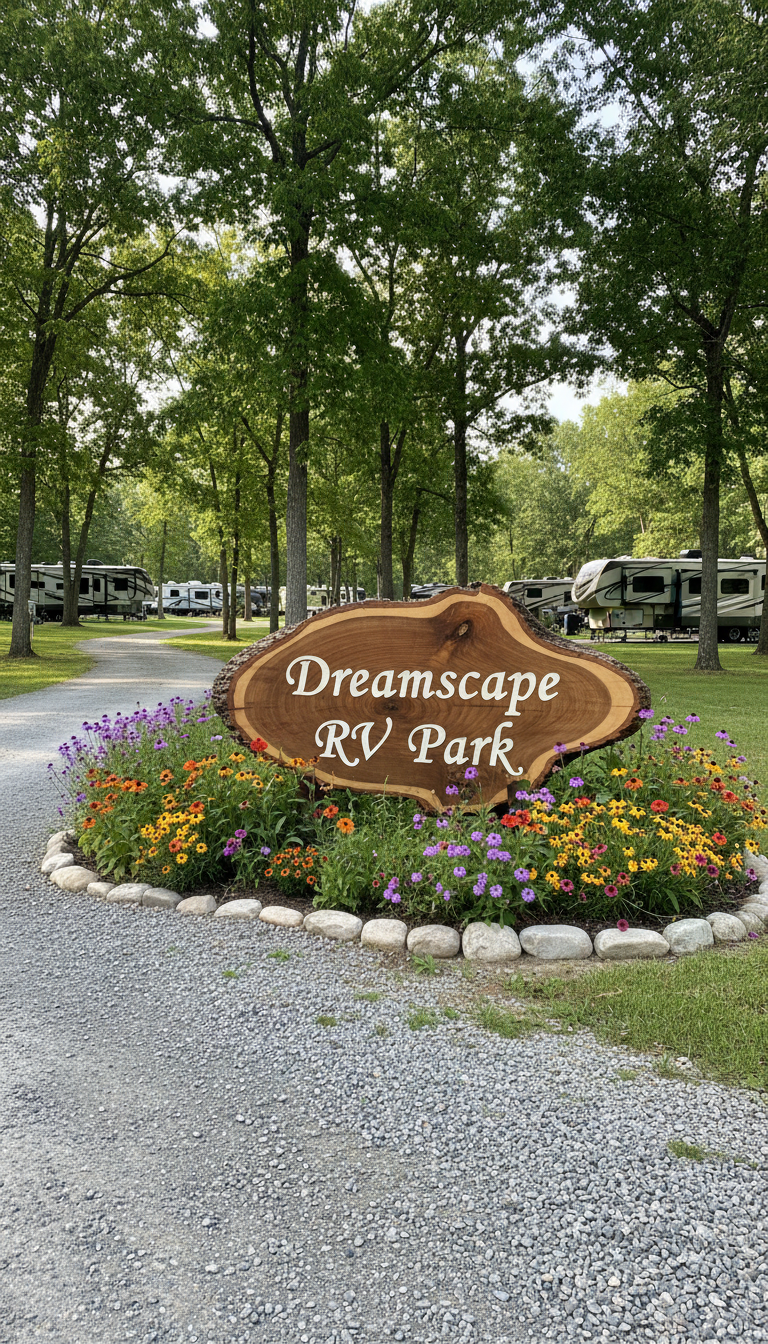 A welcoming wooden entrance sign featuring the elegantly carved words 'Dreamscape RV Park,' flanked by colorful native wildflowers and bordered by smooth landscaping stones. Beyond the sign stretches a winding gravel path leading into the leafy park, with glimpses of modern RVs nestled among leafy trees. Bright, diffused morning light illuminates the scene, creating crisp shadows and a vibrant, cheerful mood. Composed with the sign centered and the path curving off using natural perspective, the depth draws the viewer’s eye into the park. The artistic approach is photorealistic with a fresh, clean mood to. convey approachability and the park’s natural beauty.
