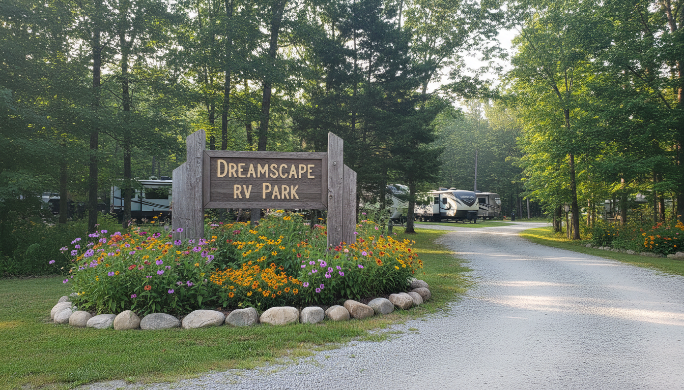 A welcoming wooden entrance sign featuring the elegantly carved words 'Dreamscape RV Park,' flanked by colorful native wildflowers and bordered by smooth landscaping stones. Beyond the sign stretches a winding gravel path leading into the leafy park, with glimpses of modern RVs nestled among leafy trees. Bright, diffused morning light illuminates the scene, creating crisp shadows and a vibrant, cheerful mood. Composed with the sign centered and the path curving off using natural perspective, the depth draws the viewer’s eye into the park. The artistic approach is photorealistic with a fresh, clean mood to. convey approachability and the park’s natural beauty.