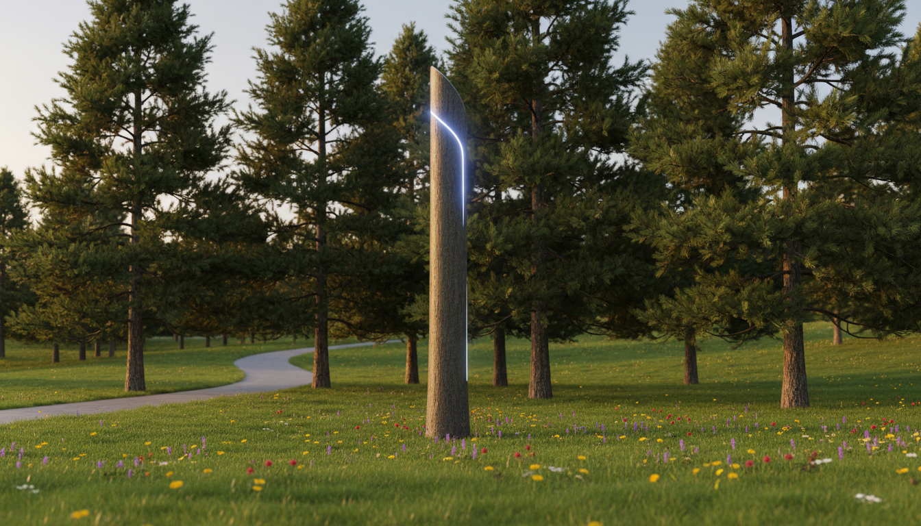 A sleek wireless internet tower discreetly camouflaged among tall green pines, with its small indicator lights softly glowing. Surrounding the tower is a well-kempt lawn dotted with wildflowers and the gentle arc of a paved path entering the distance. Early evening light creates a soft, golden ambiance, with subtle highlights on the tower’s smooth surfaces. The atmosphere is quiet, reassuring, and technologically advanced but blends seamlessly into the natural surroundings. Shot from a slightly upturned angle to emphasize both the technology and the setting, with balanced composition and real-to-life visual style reflecting premium internet access in a peaceful environment.