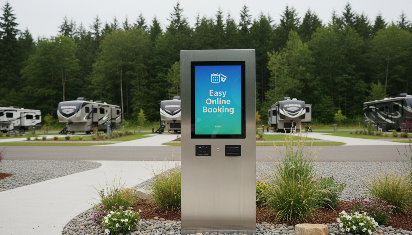 A modern outdoor self-service kiosk with a large digital display showing 'Easy Online Booking,' surrounded by native shrubs and decorative stones. The kiosk’s brushed metal surface and illuminated screen stand out against a backdrop of a gravel walkway leading towards several tidy RV spaces, all shielded by dense woodland. Soft, overcast daylight gives even, shadowless lighting, producing a fresh and user-friendly mood. The camera angle is straight-on at eye-level, with perfect clarity on the kiosk and subtle depth in the background. The approach is crisp, functional, and clean—conveying the ease and modernity of booking and paying at the RV park.
