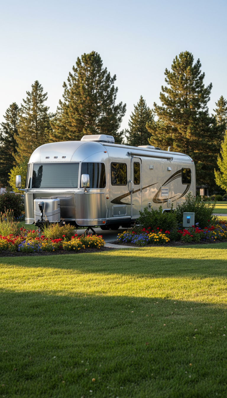 A gleaming silver RV with smooth curves and modern detailing, parked on a spacious, lush green plot surrounded by well-tended grass, vibrant flower beds, and tall pine trees in the distance. The RV sits beneath clear blue skies in a tranquil area of the park far from roads, with a fiber optic internet station subtly visible. Soft, warm afternoon sunlight streams across the scene, casting gentle shadows and highlighting the metallic finish of the RV. The atmosphere feels inviting and serene. Captured from a slightly elevated angle, the composition uses the rule of thirds for balance, with sharp focus throughout. The visual style is clean, modern, and realistic—emphasizing the park's peaceful, family-oriented setting and reliable amenities.