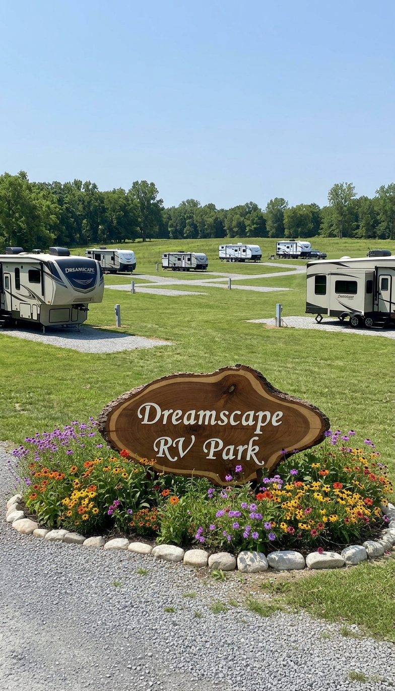 A welcoming wooden entrance sign featuring the elegantly carved words 'Dreamscape RV Park,' flanked by colorful native wildflowers and bordered by smooth landscaping stones. Beyond the sign stretches a winding gravel path leading into the leafy park, with glimpses of modern RVs nestled among leafy trees. Bright, diffused morning light illuminates the scene, creating crisp shadows and a vibrant, cheerful mood. Composed with the sign centered and the path curving off using natural perspective, the depth draws the viewer’s eye into the park. The artistic approach is photorealistic with a fresh, clean mood to. convey approachability and the park’s natural beauty. A welcoming wooden entrance sign featuring the elegantly carved words 'Dreamscape RV Park,' flanked by colorful native wildflowers and bordered by smooth landscaping stones. Beyond the sign stretches a winding gravel path leading into the leafy park, with glimpses of modern RVs nestled among leafy trees. Bright, diffused morning light illuminates the scene, creating crisp shadows and a vibrant, cheerful mood. Composed with the sign centered and the path curving off using natural perspective, the depth draws the viewer’s eye into the park. The artistic approach is photorealistic with a fresh, clean mood to. convey approachability and the park’s natural beauty.